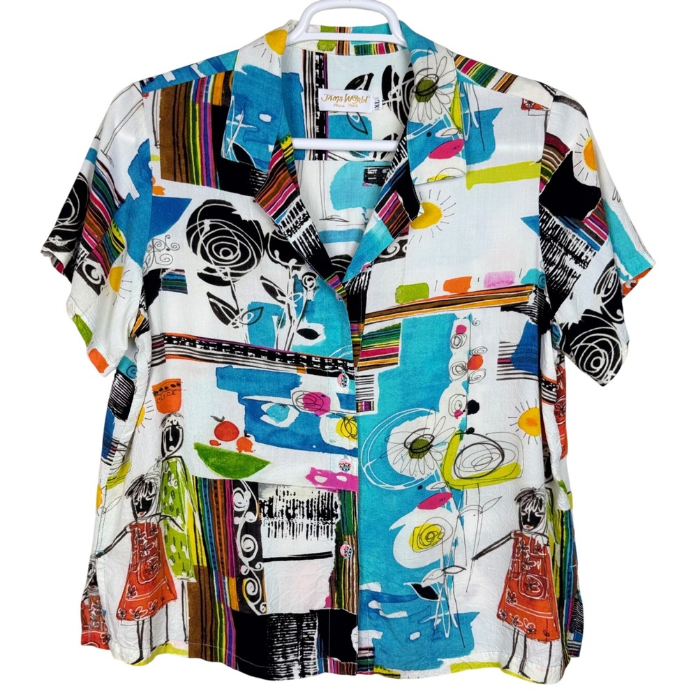 Jams World Promenade Artsy Hawaiian Aloha Shirt Women XL Eclectic Loud Button Up